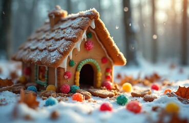 Obraz premium Gingerbread house in snowy forest with candy. Sweet treat sits on snow covered ground. Colorful gumdrops and cookies surround edible architecture. Winter wonderland scene.