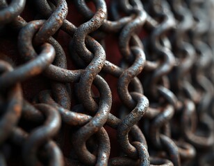 Fototapeta premium Rusty old chain mail forms textured background. Interlocking metal rings show signs of age, rust, suggesting historical armor or industrial use. This close-up detail provides rough, metallic surface.