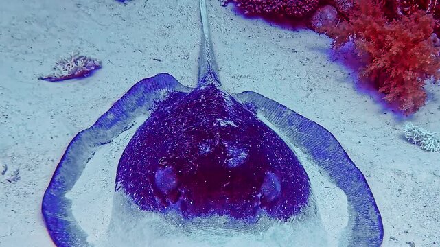 Underwater footage of a stingray, including cowtail and giant stingray (Pastinachus sephen), lying on a sandy sea floor near red soft coral (Dendronephthya) on a Red Sea reef near Sharm El Sheikh,