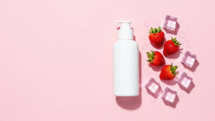 White pump bottle alongside strawberries, ice cubes, and water droplets on pink background.
