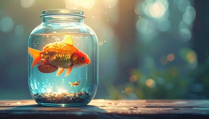 Goldfish swimming in a glass jar with natural bokeh background