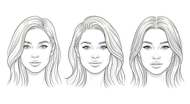 Three diverse female face shapes line art, beauty and makeup illustration, vector drawing
