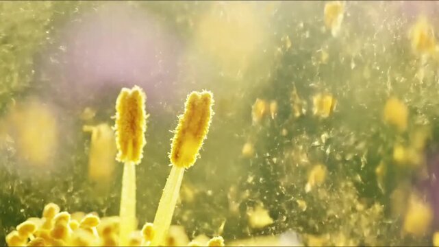 Microscopic Eruption Show the explosive release of pollen from an anther, captured in extreme macro, creating a tiny, dense cloud.