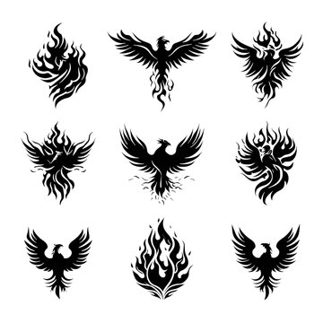 Set of 9 black phoenix bird silhouette icons with flames isolated PNG with Transparent Background