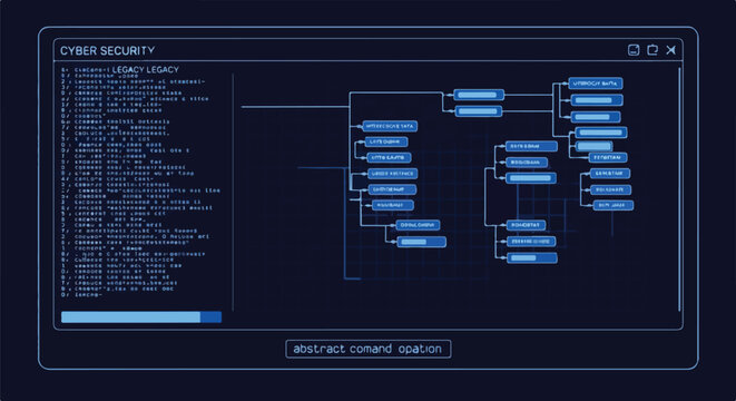 Cyber security abstract flowchart diagram on a dark blue computer screen with code and command line interface