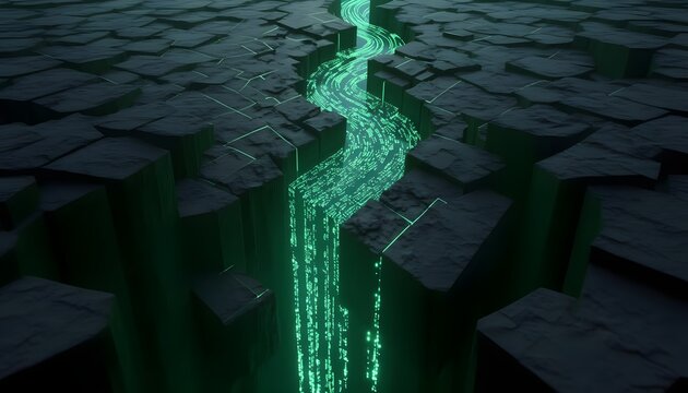 Abstract digital canyon between dark block structures with a glowing green stream of data and binary code flowing through, symbolizing cyber technology, information flow, and digital depth.