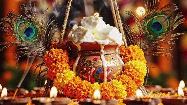 Pot of butter and peacock feather decoration with lit oil lamp arrangement and incense for a festive celebration of an Indian festival.