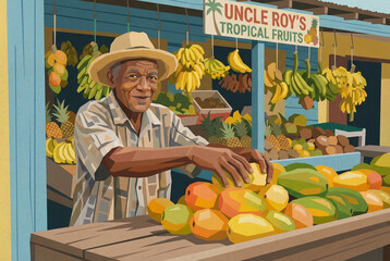 An elder man smiles behind his vibrant tropical fruit stand, "Uncle Roy's Tropical Fruits," filled with ripe mangoes, bananas, and papayas. He arranges fresh produce.