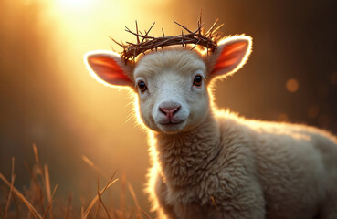 Fototapeta premium Small lamb wears crown of thorns. Animal looks tenderly. Symbolizes sacrifice purity innocence. Represents Jesus Christ resurrection. Gentle creature stands in sunlit field.