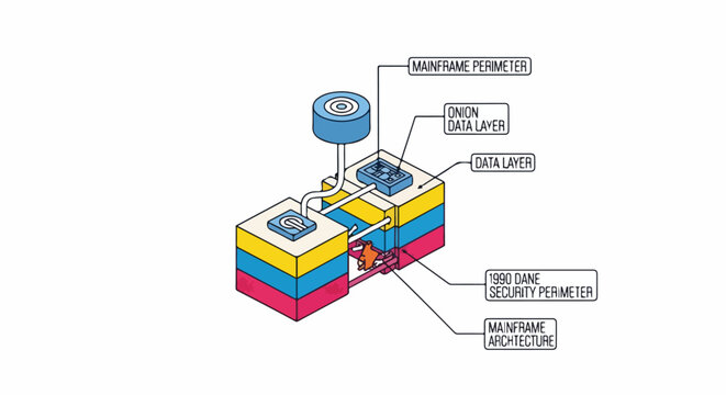 Abstract isometric diagram of a layered data architecture with network and security parameters