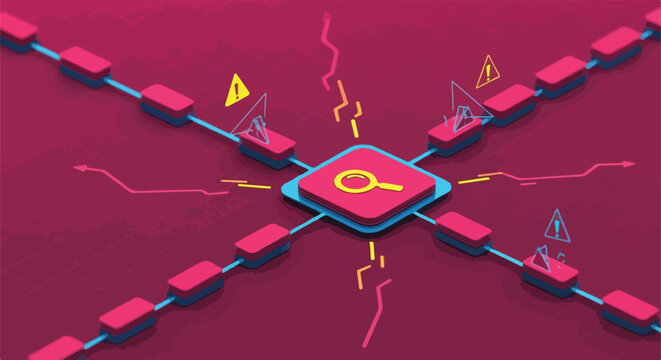 Cybersecurity concept: Digital network analysis with data integrity monitoring, potential threats, and blockchain technology visualization. Abstract isometric illustration.