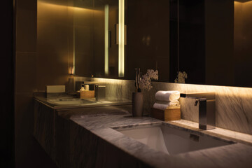 A beautifully lit bathroom vanity featuring elegant fixtures, plush towels, and decorative elements, creating an atmosphere of luxury and relaxation for personal care.