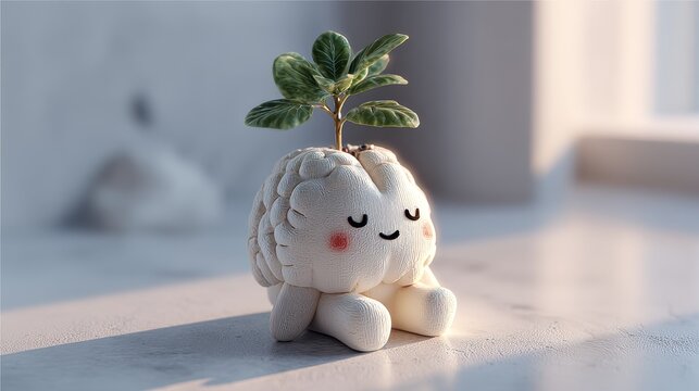 Whimsical 3D brain character with cheerful expression and sprouting plant symbolizes creativity, mental growth, and positive mindset for education or wellness themes
