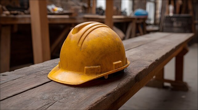 A worn yellow hard hat rests on a rustic wooden bench in a workshop setting