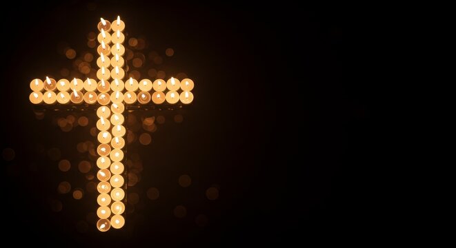 Cross icon formed from lit tea light candles, religious symbol for Christianity. Spiritual concept, faith, worship, and mourning.