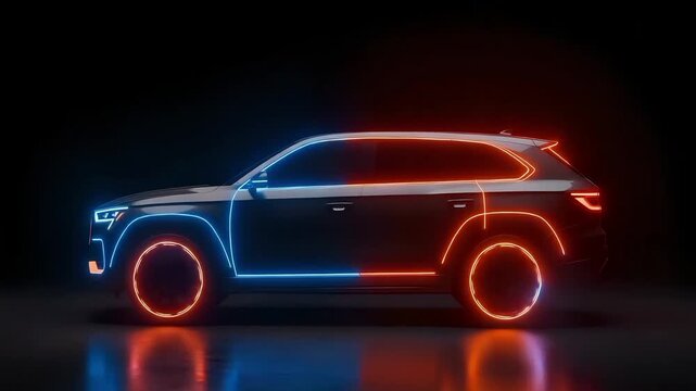 SUV outlined in neon blue and orange on a dark background
