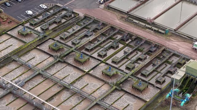 Aerial view of Severn Trent Wanlip revealing stark lines and geometric forms of the water treatment facility, Severn Trent Wanlip, Leicester, United Kingdom.