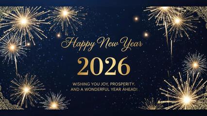 Festive New Year greeting card with fireworks and celebratory message for 2026.