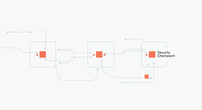 Abstract digital network diagram showing data flow and security checkpoints in a system