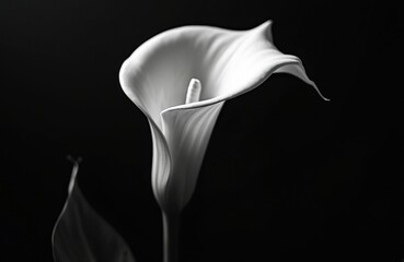 Elegant white calla lily bloom. Striking monochrome studio shot with deep black backdrop highlights delicate petals. Simple form emphasizes natural beauty.