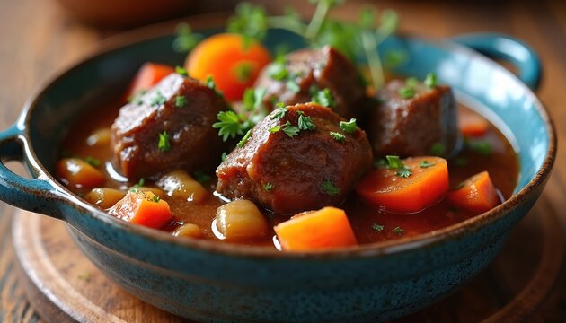 Hearty oxtail stew with tender beef chunks carrots and broth in rustic bowl. Garnished with fresh parsley, it offers rich savory flavor perfect for a comforting meal.