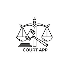 A black and white line art depicting scales of justice with a gavel, with "COURT APP" below