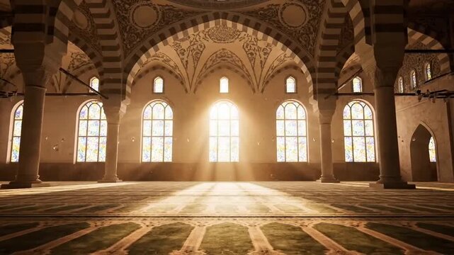 Inside mosque with soft warm sun rays entering through windows, peaceful Ramadan ambiance, calm and spiritual atmosphere, cinematic wide shot, full HD 1920x1080, no sound.