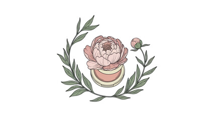 A floral illustration peony and bud sit above a makeup compact within a leafy wreath