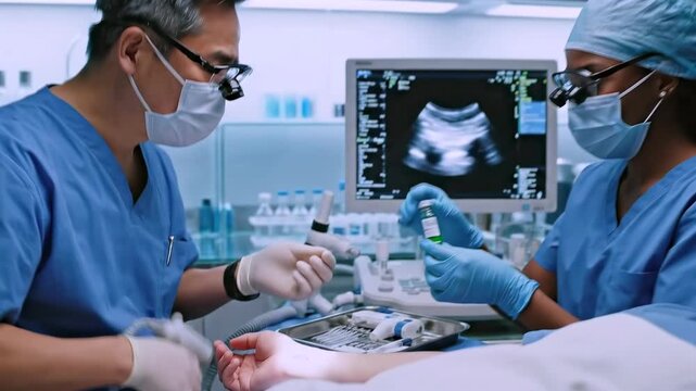 Sterile operating environment with experts conducting precise ultrasoundguided interventions, Medical team skillfully manages vascular access under ultrasound guidance in sterile environment