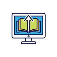 A computer monitor displays an open book with an upward arrow.  A modern style icon