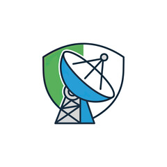 A stylized satellite dish graphic in a protective shield, featuring a blue and green color scheme