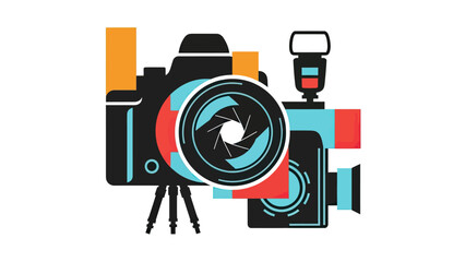 Abstract illustration showcasing camera equipment including camera, lens, flash, and tripod