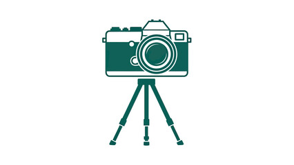 Green silhouette of camera atop a tripod, set against a stark white backdrop