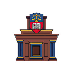 Emblem of justice with a scale, open book, resting on a brown stand with columns