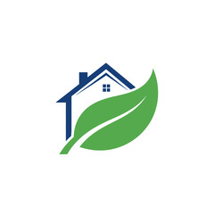 A house silhouette with a leaf, creating a nature-themed logo on a white background