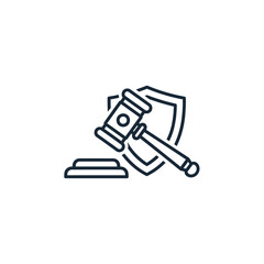 Line art icon of a gavel, shield, and block, symbolizing law and justice