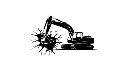 A black and white graphic of an excavator breaking through a wall