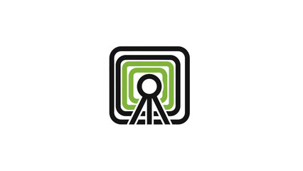 A logo of concentric squares framing a tower design with black, green and white