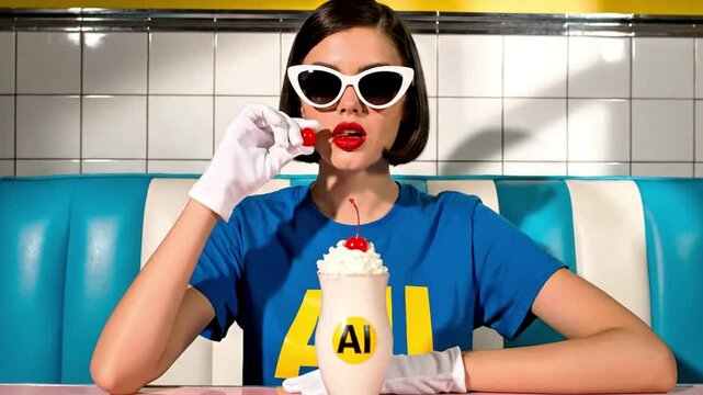 Stylish woman in white cat-eye sunglasses wearing white gloves enjoys a cherry atop an ai-branded milkshake in a retro diner setting.