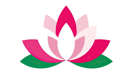 A stylized lotus flower design, featuring layers of pink and white petals with green leaves