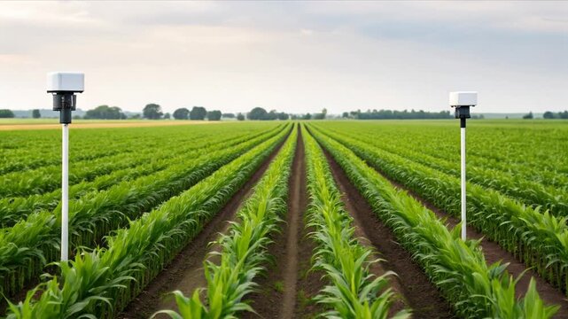 Smart agriculture technology with sensor devices supports precise fertilizer application green cornfield enhancing crop growth and yield monitoring