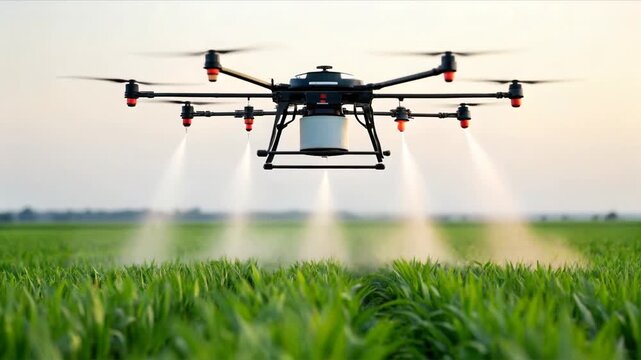 Smart drone spraying fertilizer over green agriculture field for efficient farming application using advanced technology and precision