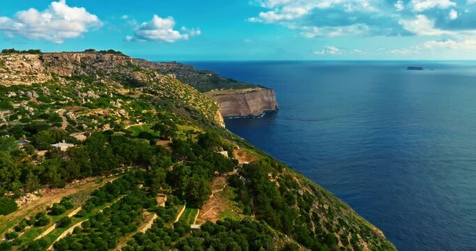 Aerial view of Dingli cliffs, Malta. Aerial view of rocks, hills, sea