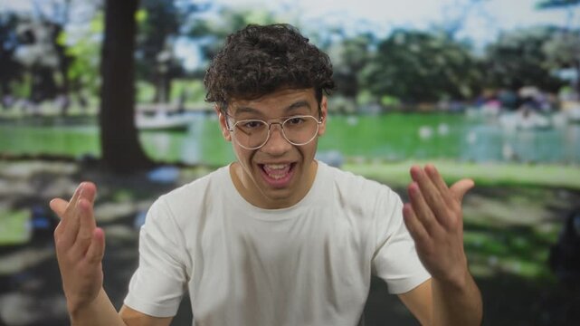 Young hispanic man wearing white t shirt and glasses gesturing hands while speaking beside a green pond in a park with trees; enthusiasm.