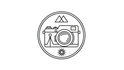 Minimalist line art emblem depicting a camera, mountains, and sun in a circular frame