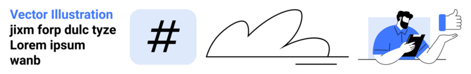 Obraz premium metadata tag sign, cloud graphic, and man holding tablet with thumbs-up icon. Ideal for technology, social media, digital marketing, data sharing, online interaction, user interface simple landing