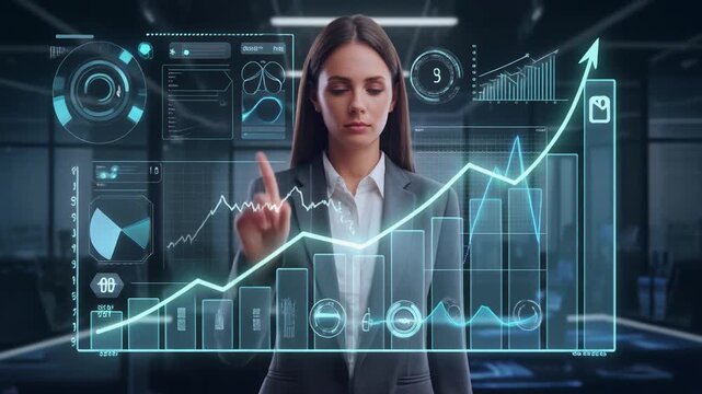 Businessperson mit futuristischem holografischem Finanz-Interface
