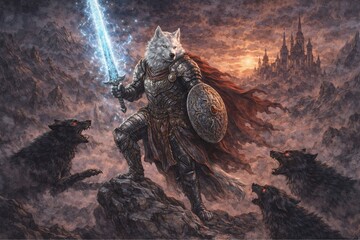 Epic Wolf Warrior with Glowing Sword in Dark Fantasy Landscape