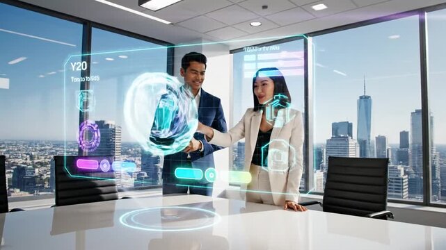 Diverse business professionals using holographic display in modern city office
