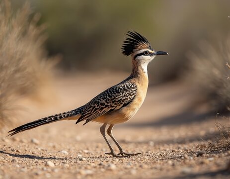Roadrunner bird with crest stands on dry dirt path in desert. Wild animal has long tail with striped feathers. Birding, nature, wildlife photo shows desert biome.